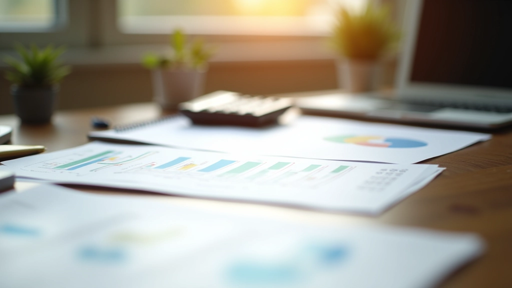 Schreibtisch mit Finanzunterlagen, Taschenrechner und Diagrammen