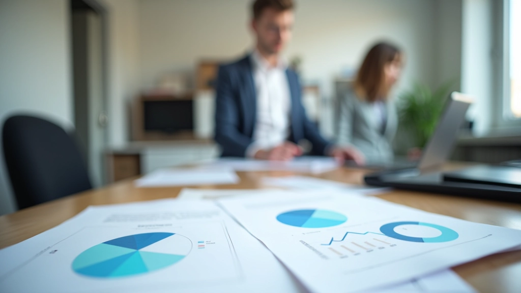 Schreibtisch mit Wirtschaftsdaten und Analysediagrammen