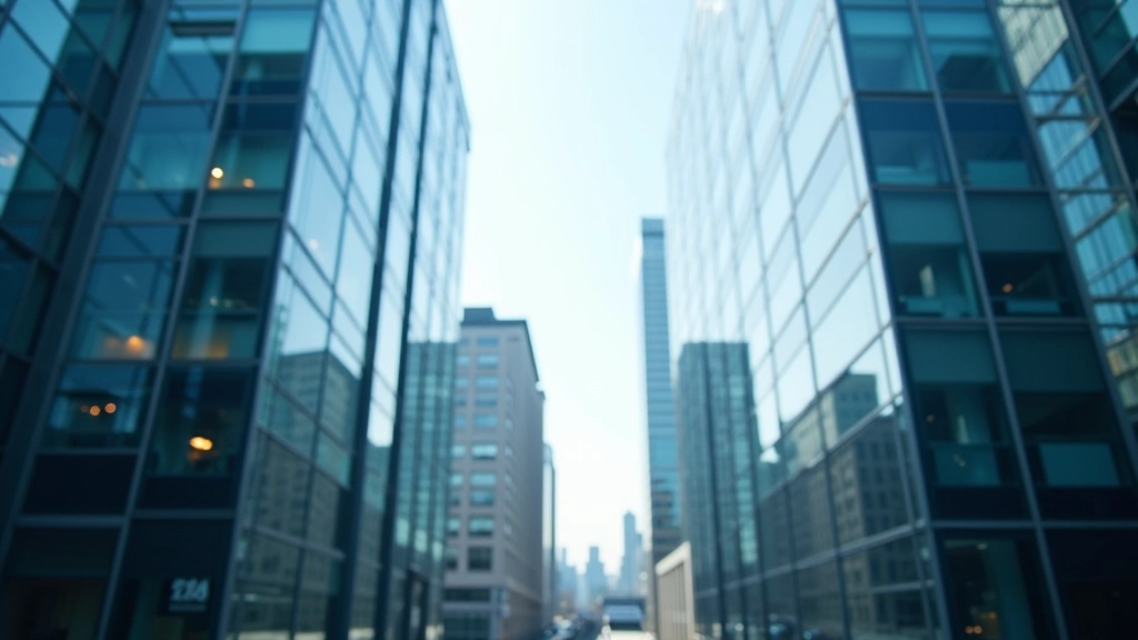 Modernes Bürogebäude in einem Finanzdistrikt mit Glasfassaden und professioneller Atmosphäre
