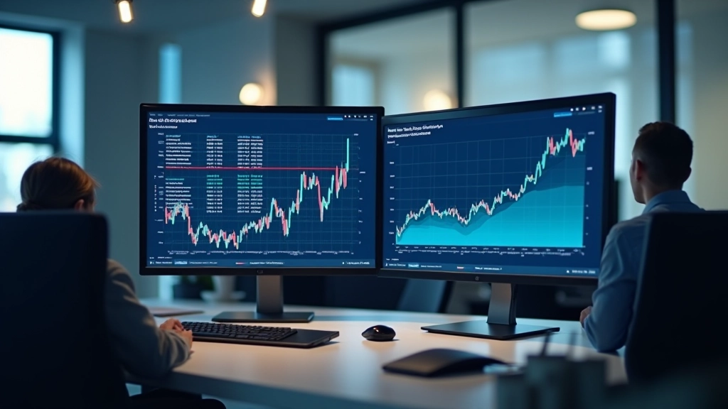 Moderne Büroumgebung mit Grafikdisplays und Wirtschaftsdaten